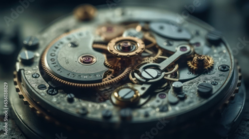 Clockwork watch mechanism macro lens, Clock mechanism with gears.