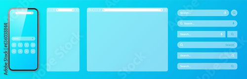 Smartphone, transparent internet browser window with various search bar templates. Web site engine with search box, address bar and text field. Website UI interface elements. Vector illustration