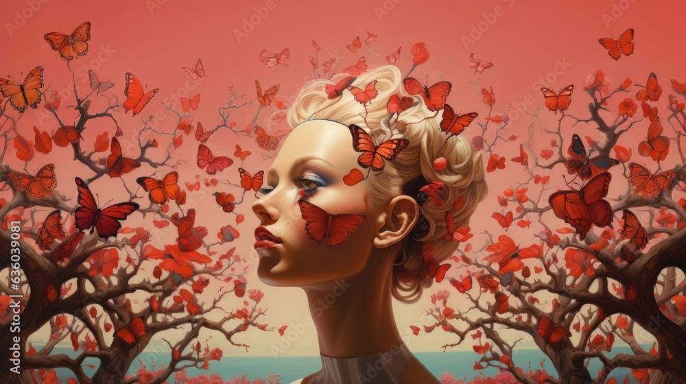 artwork portrait of a woman with butterflies