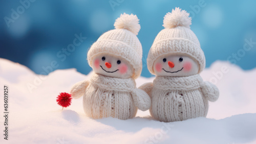 Two tiny knitted snowmen in winter landscape against blue bokeh background. © ekim