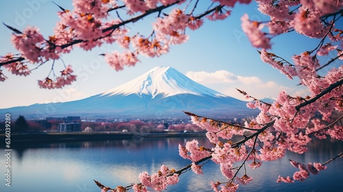 mount fuji and cherry blossom trees in spring, japan. photo