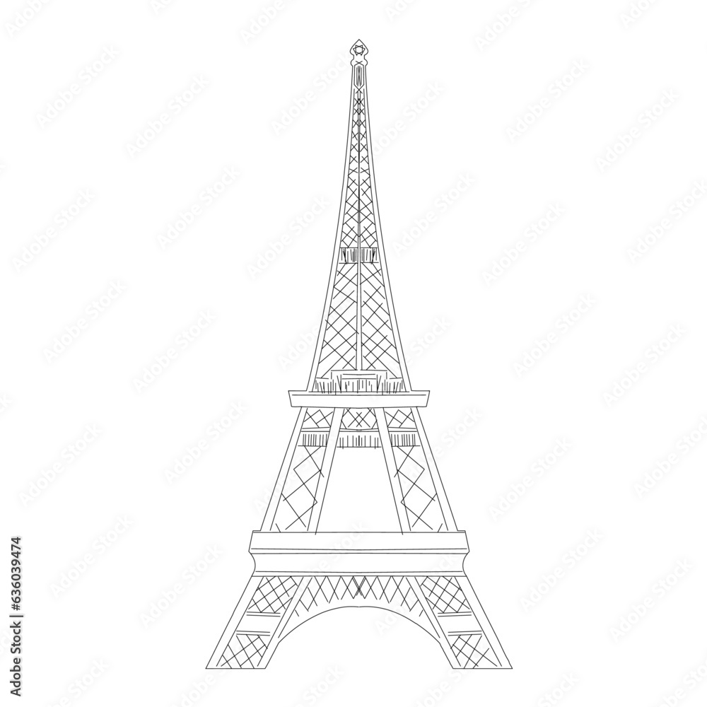 eiffel tower isolated on white Drew with lines pen