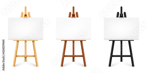 Realistic paint desk with blank white canvas. Black wooden easel and a sheet of drawing paper. Presentation board on a tripod. Artwork mockup, template. Vector illustration