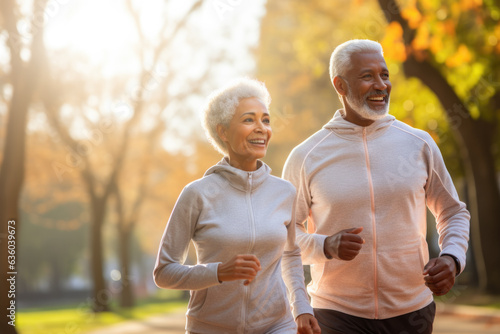 Senior Couple Wearing Sportswear Energizing Their Run Together in Autumn Park