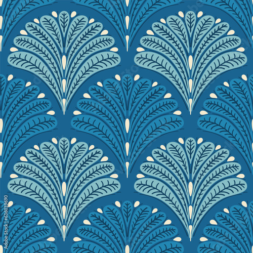 Abstract blue 1920s style foliage with structure and beige white drops