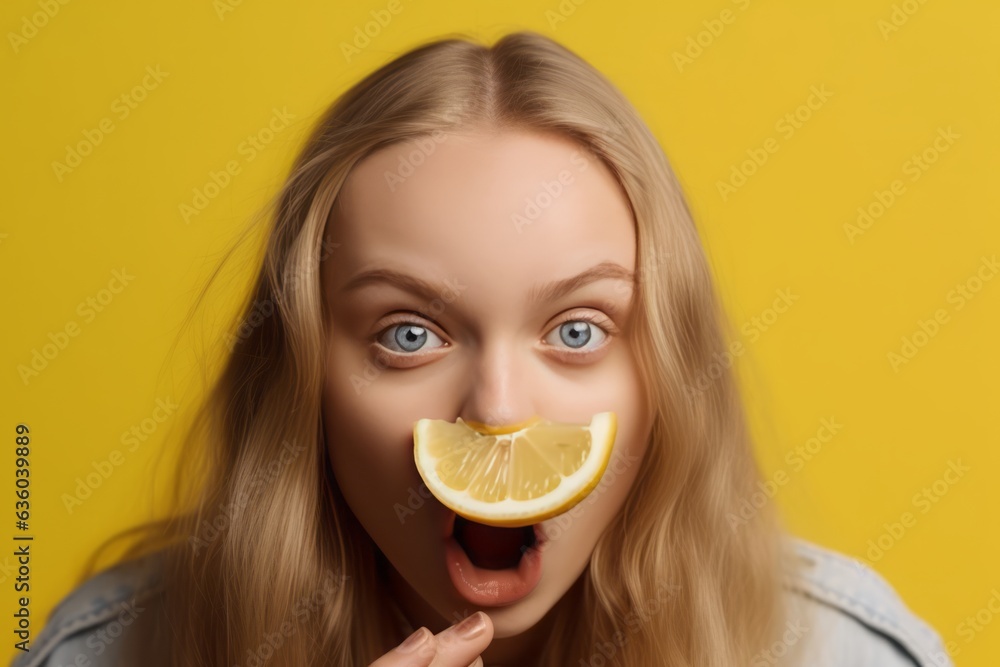 Blond European Child Eating Lemon, Creating a Grimace and Squeezing Eyes Amidst a Yellow Background, Displaying Humorous Expressions in Response to the Sour Taste of Fresh Fruits Blond European Child Eating Lemon, Creating a Grimace and Squeezing Eyes Amidst a Yellow Background, Displaying Humorous Expressions in Response to the Sour Taste of Fresh Fruits