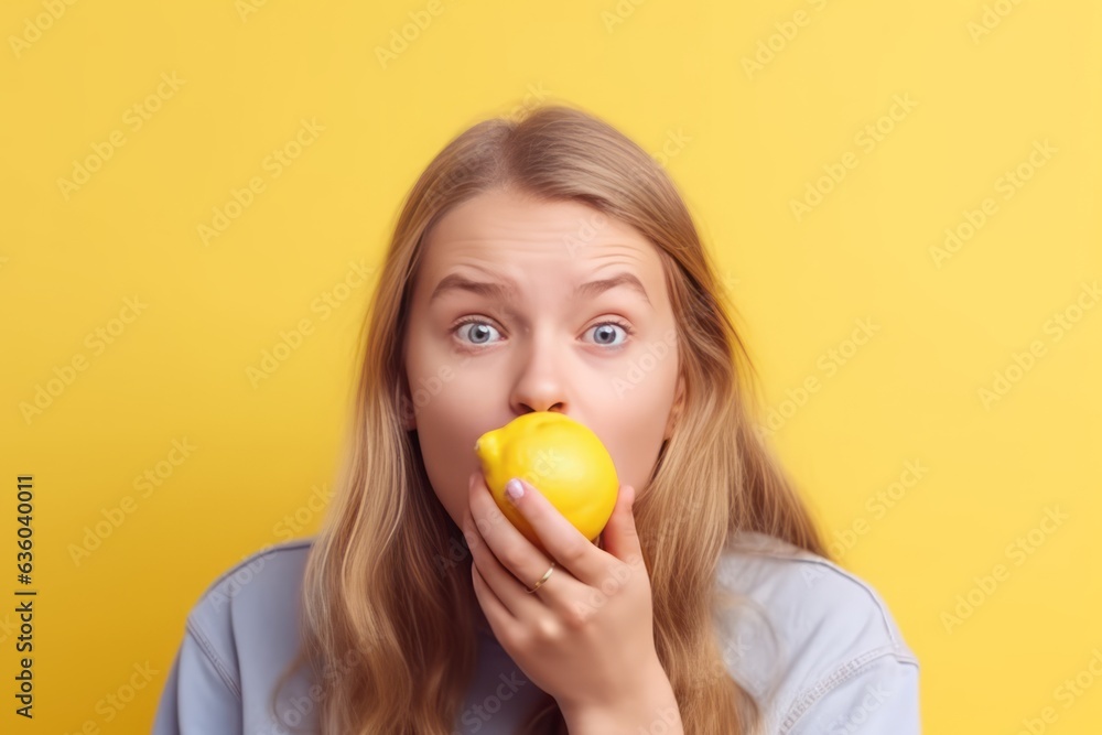 Blond European Child Eating Lemon, Creating a Grimace and Squeezing Eyes Amidst a Yellow Background, Displaying Humorous Expressions in Response to the Sour Taste of Fresh Fruits