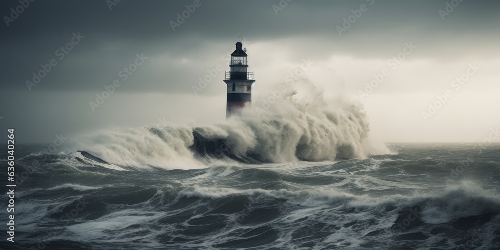  Lighthouse Amidst Stormy Sea and Wind, Guiding Sailors Through Crushing Waves Along the Rugged Shoreline, Defying the Tempestuous Coastal Elements with Its Resilience