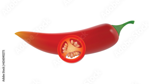 Red hot chili pepper with sliced pies. Fresh organic chili pepper isolated on a white background, Realistic Red Chili, vector Illustration