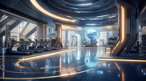 a futuristic interior of a cyberpunk fitness studio - spacious hall with sports equipment, neon blue and cyan lighting