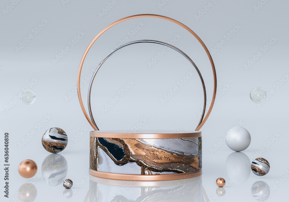 3D mock up empty round podium for product presentation with bubbles and arch. Abstract stylish background, advertising template 3D mock up empty round podium for product presentation with bubbles and arch. Abstract stylish background, advertising template