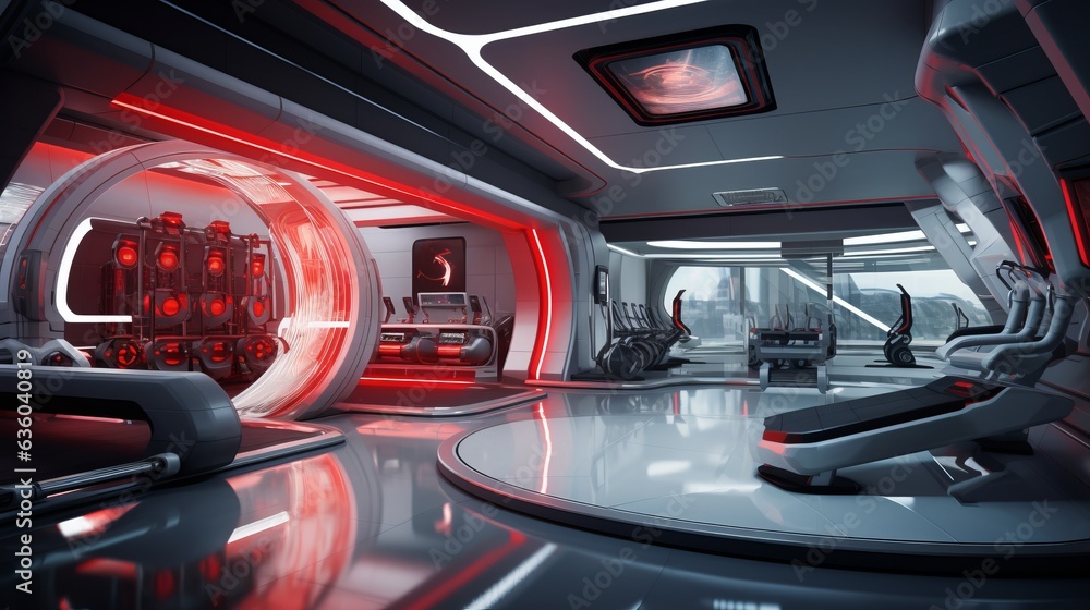 a futuristic interior of a cyberpunk fitness studio - spacious hall with sports equipment, neon blue and cyan lighting a futuristic interior of a cyberpunk fitness studio - spacious hall with sports equipment, neon blue and cyan lighting