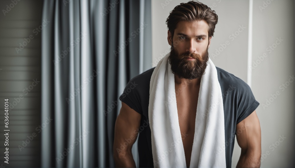 Obraz premium Young man feeling refreshed and rejuvenated as he dries off with a soft bath towel after a relaxing shower