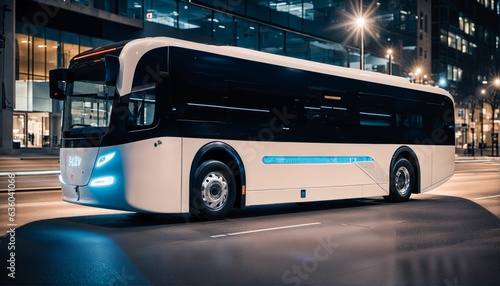 Sleek and ultra-modern self-driving autonomous electric bus on city street with neon lights and motion blur