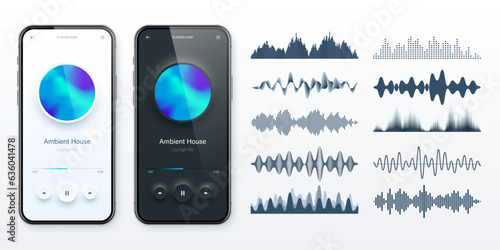 Online audio player user interface, smartphone app UI design. Music, media streaming and listening platform. Responsive mobile application. Neumorphism. Various sound waves. Vector illustration