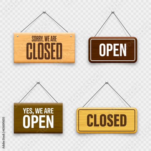Wooden open or closed hanging signboards. Made of wood door sign for cafe, restaurant, bar or retail store. Announcement banner, information signage for business or service. Vector illustration