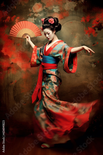 Obraz na plátně Painting of dancing geisha in kimono with paper fan - sansu