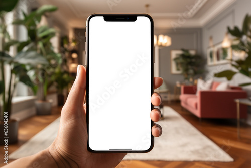 Iphone held in hand mockup with transparent screen, blurred living room backdrop