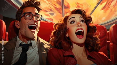 Couple in Love sitting in a movie theater - cinema themed illustration in comic style