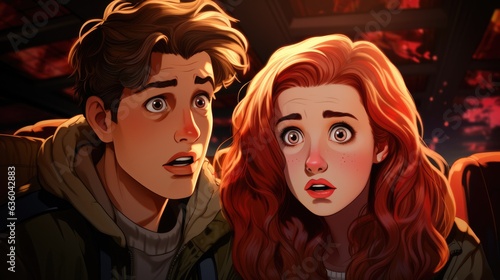 Couple sitting in a movie theater is overwhelmed by emotions - cinema themed illustration in comic style © 4kclips