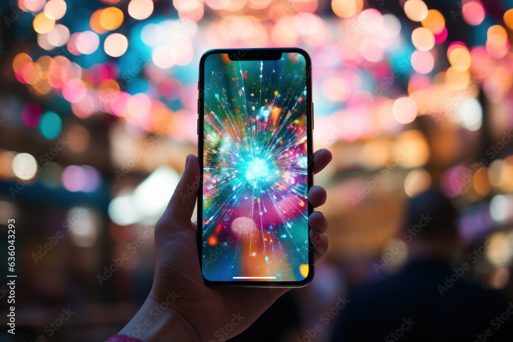 Smartphone in hand. Man taking pictures of colorful street view at night. Focus on phone, defocused blurred background. Smartphone in hand. Man taking pictures of colorful street view at night. Focus on phone, defocused blurred background.