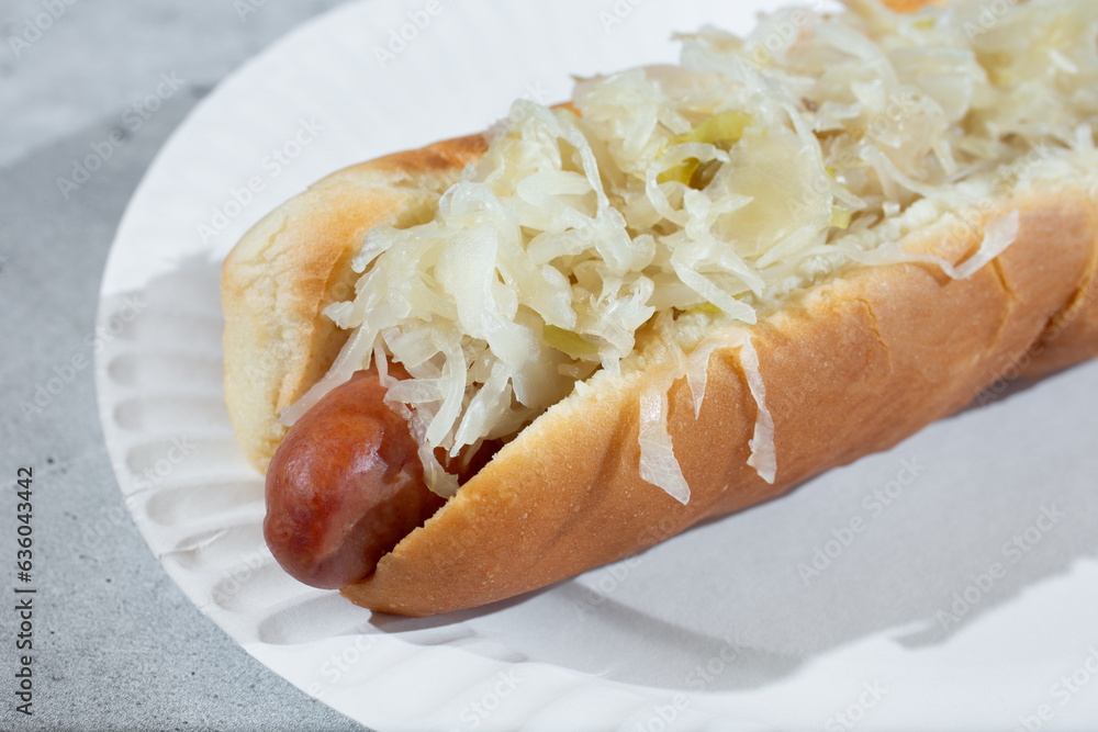 A closeup view of a sauerkraut dog. A closeup view of a sauerkraut dog.