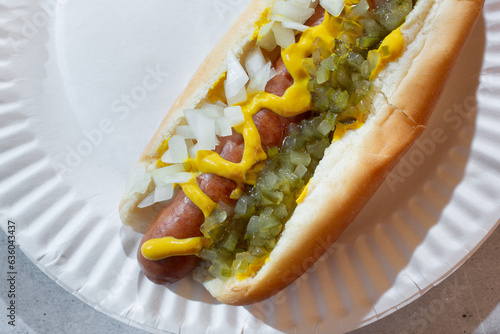 A top down view of a hot dog featuring toppings as mustard, onions and relish. photo