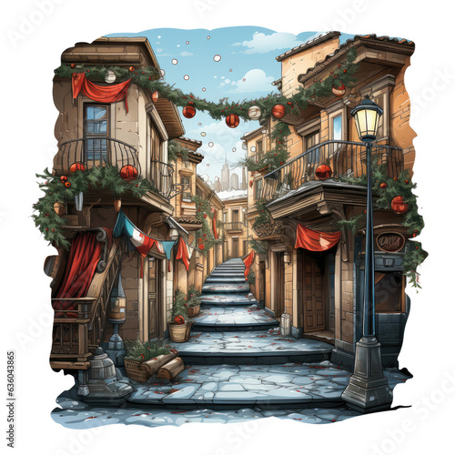  A heartwarming Christmas day stockings t-shirt design, set in a traditional European village, with stockings hung on charming wooden balconies, Generative Ai