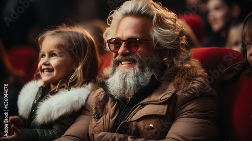 Christmas time Santa Claus with girls in a movie theater - Christmas themed stock photo