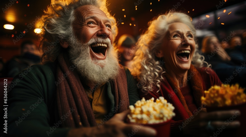 Fototapeta premium Excited Elderly couple in a movie theater - Christmas themed stock photo