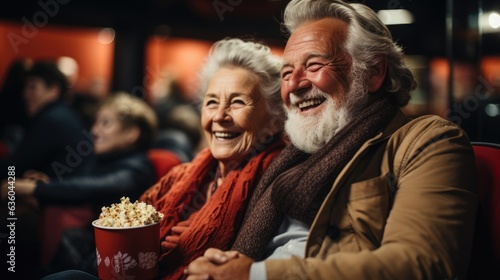 Happy Elderly couple in a movie theater enjoying a film - Christmas themed stock photo