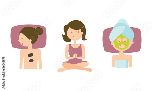 Personaje femenino en el spa. Concepto de meditar. Calma y amor propio. Mujer con autocuidado. 