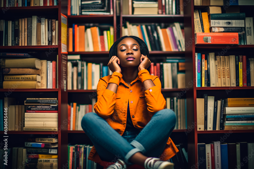 A girl is sitting on the background of bookshelves. Girl is thinking. AI generated A girl is sitting on the background of bookshelves. Girl is thinking. AI generated