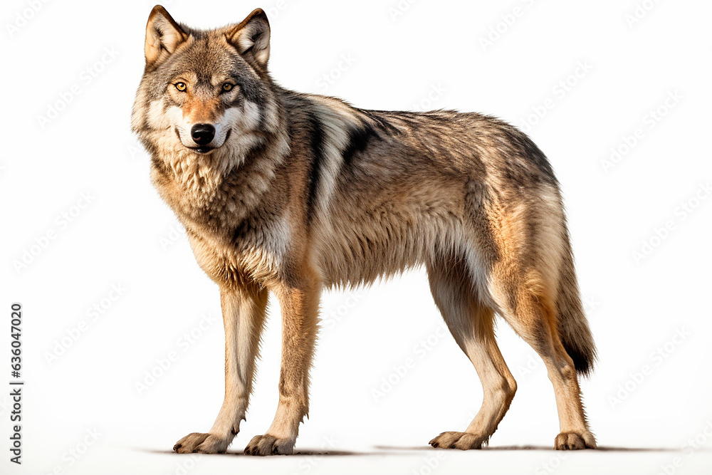Wolf isolated on white background. Animal left side portrait.
