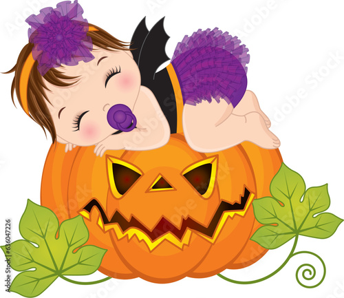 Vector Little Caucasian Baby Girl in Halloween Costume Sleeping on Pumpkin