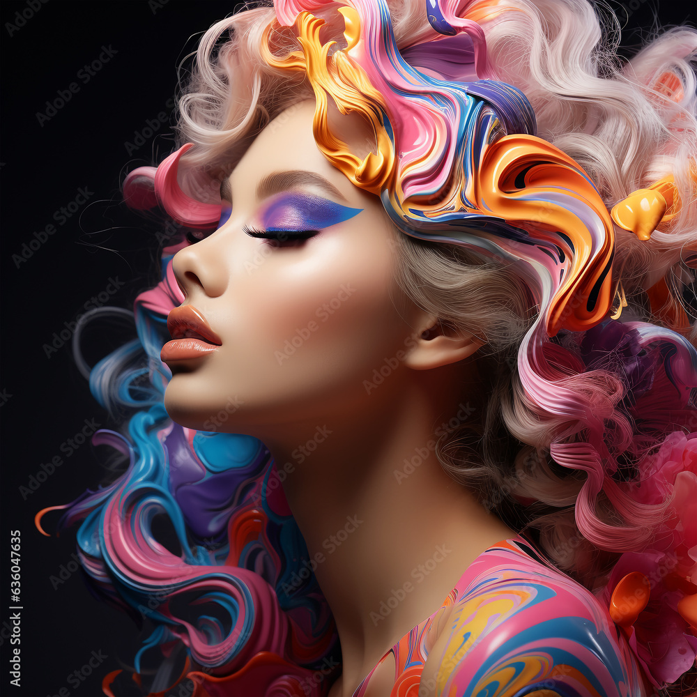 Beautiful face of a woman painted with colored acrylic paint, freedom and lgbt, fashion and podium Beautiful face of a woman painted with colored acrylic paint, freedom and lgbt, fashion and podium