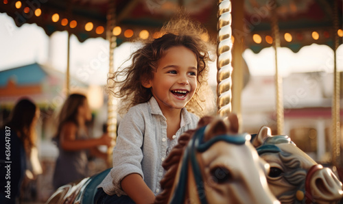 happy little girl rides a carousel on a horse in a Park in summer © Daniela