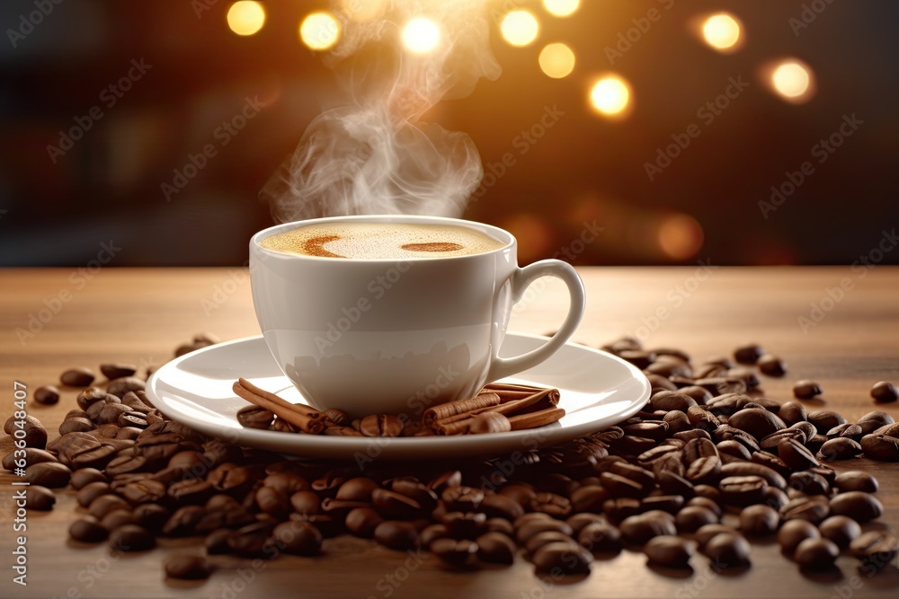 Magical Coffee Wonderland Cup, Beans, Sugar on Warm Table, So Cool easy background Magical Coffee Wonderland Cup, Beans, Sugar on Warm Table, So Cool easy background