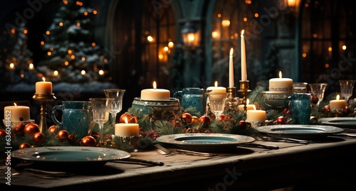 Table setting for a New Year's feast, Glasses and plates for a romantic dinner, a festive atmosphere with garlands and Christmas tree branches. Decor in the Provencal style for the holiday