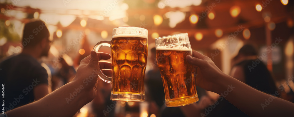 Cheers with beer in hand on party. Drinking beer concept.