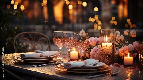 Table setting for a New Year s feast  Glasses and plates for a romantic dinner  a festive atmosphere with garlands and Christmas tree branches. Decor in the Provencal style for the holiday