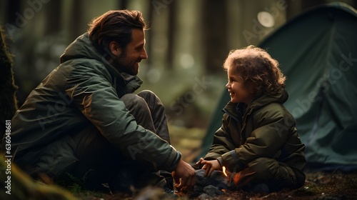 Father and son bonding during forest camping adventure with fireplace