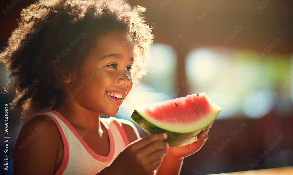 Kid is enjoying eating watermelon in sunny summer day