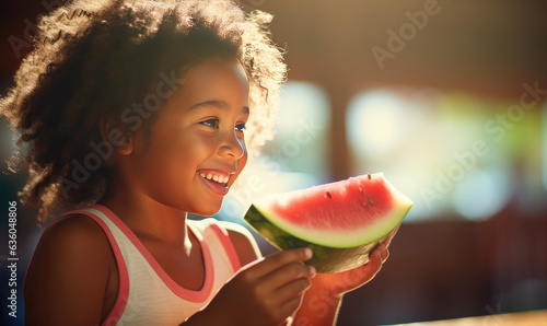 Obraz na płótnie Kid is enjoying eating watermelon in sunny summer day w salonie