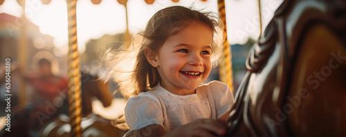 happy little girl rides a carousel on a horse in a Park in summer © Daniela