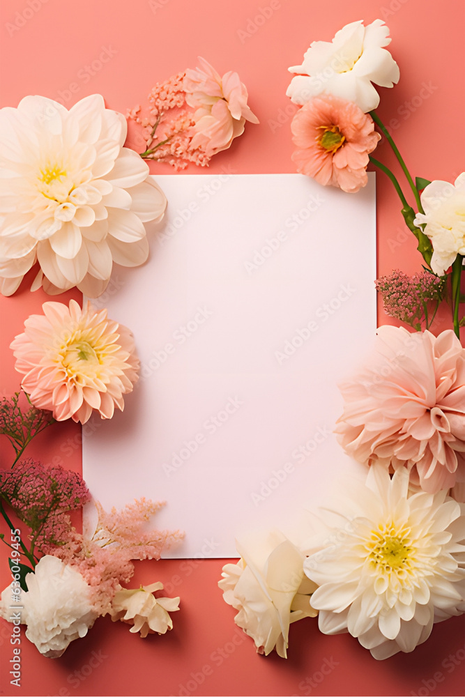a white card Mockup in a cluster of flowers ai generative