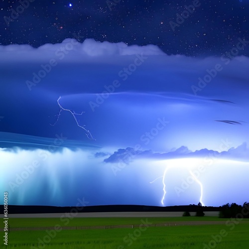 Black dark blue night sky with clouds and stars. A storm is coming, thunder, rain. Lightning flashes. Glow. Dramatic.