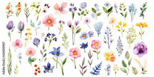 Watercolor flowers set for illustration. Minimalist illustrator. Flowers collection. On white background. © V1hr