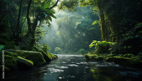 Print op canvas A Pristine River Meanders Through Lush Jungle