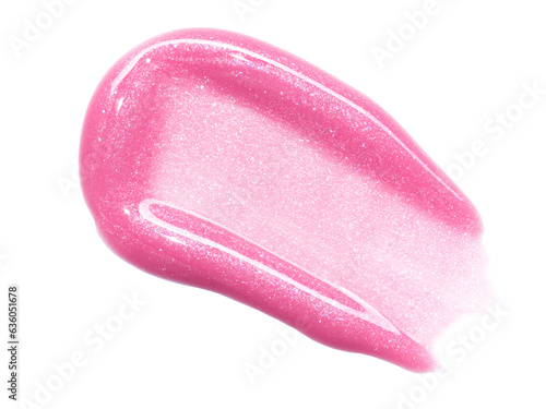Pink lip gloss texture isolated on white background. Smudged cosmetic product smear. Makup swatch product sample photo